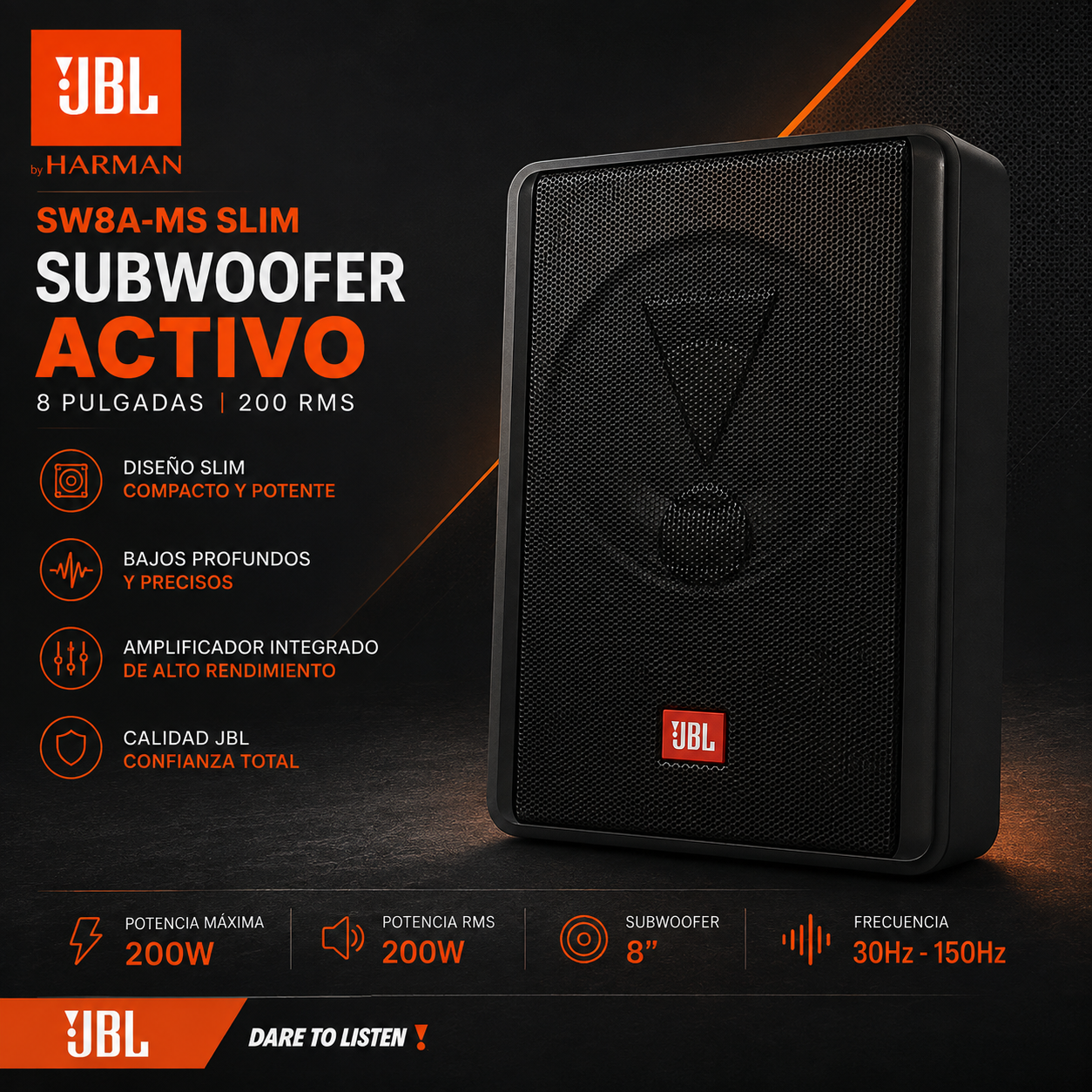 Subwoofer Activo Jbl Sw8a-ms Slim 8 Pulgadas 200 Rms Negro
