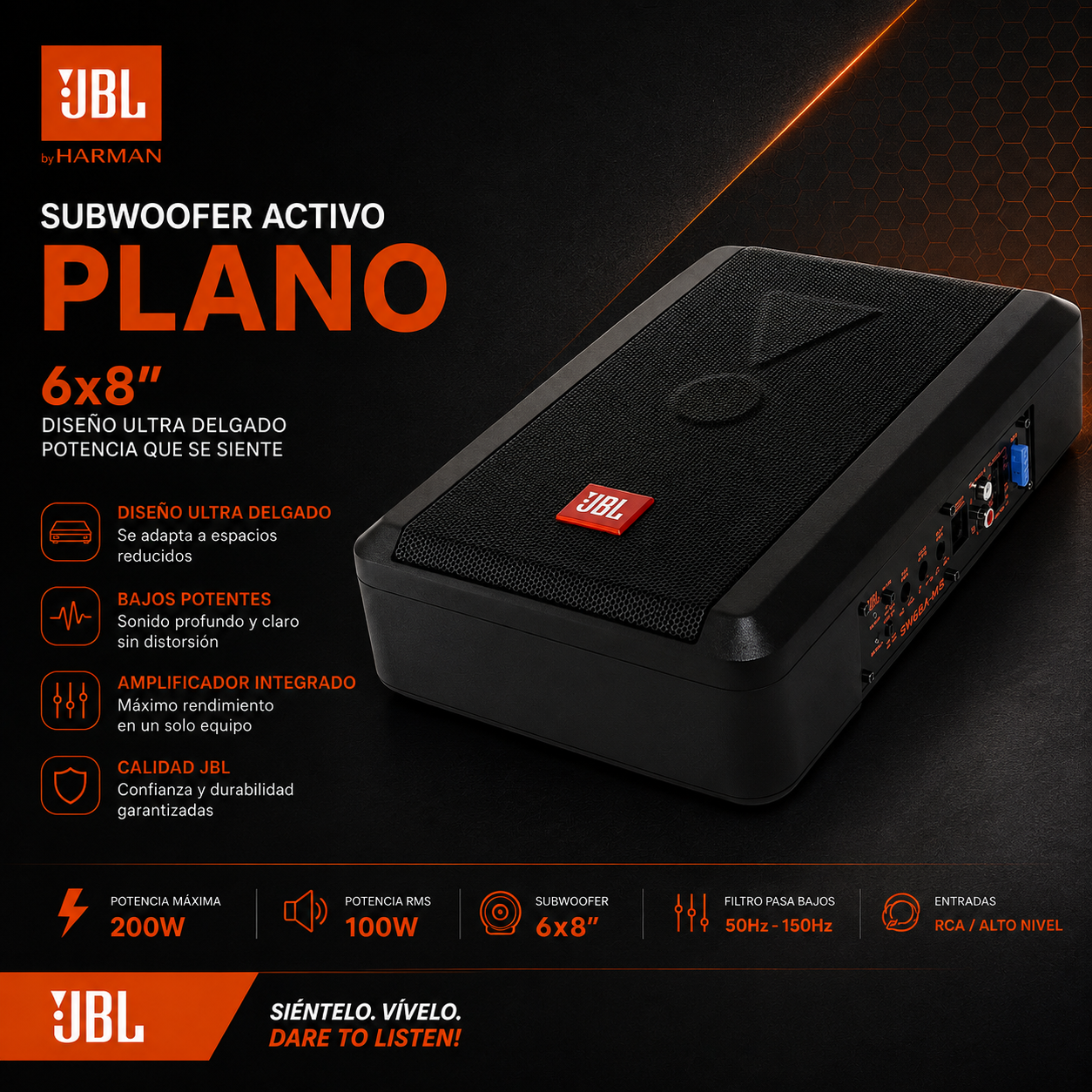 Subwoofer Slim Jbl Potenciado Sw68a-ms 8x6 Auto/camioneta. Color Negro