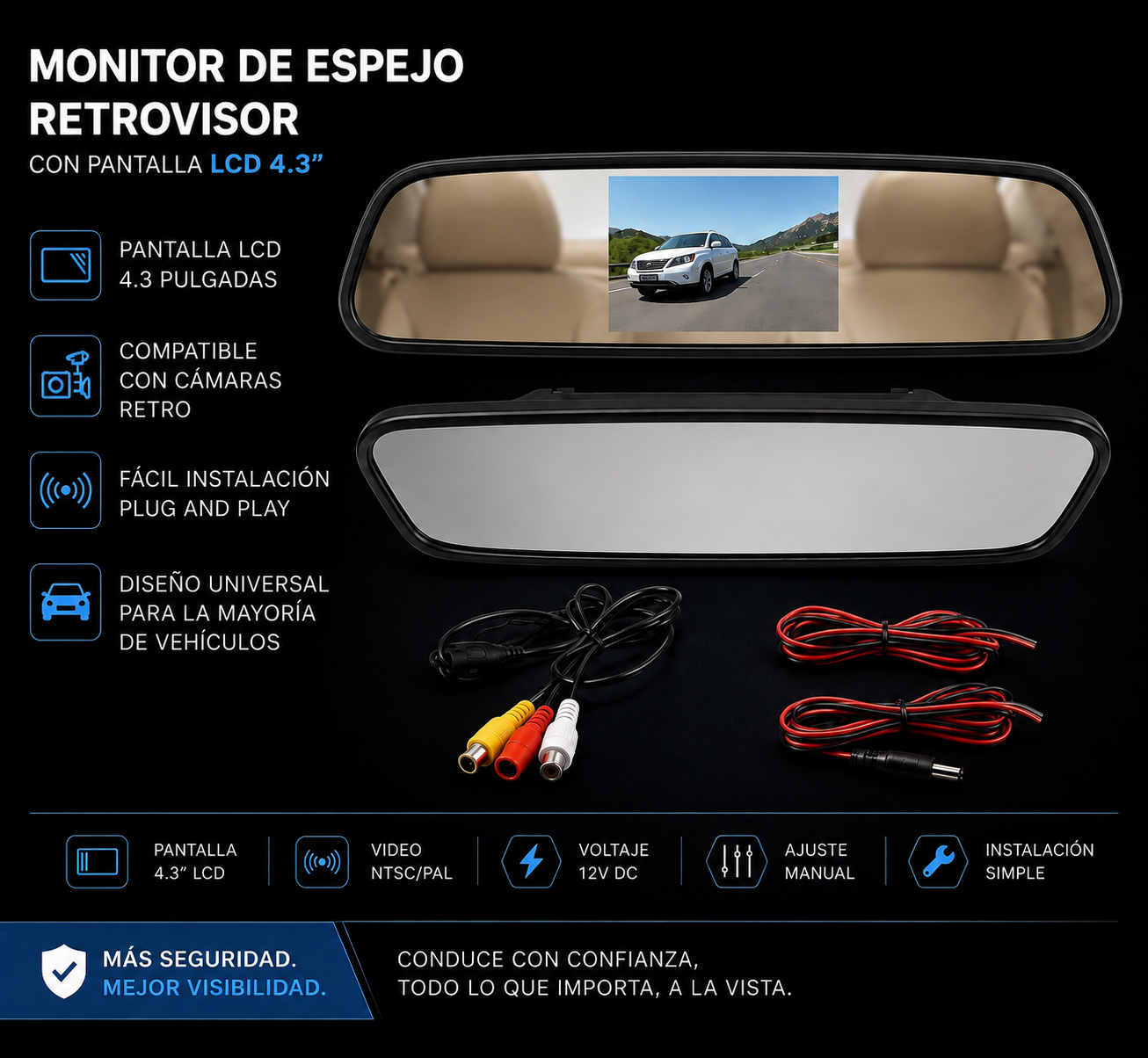 Monitor de espejo retrovisor con pantalla LCD 4.3 Universal