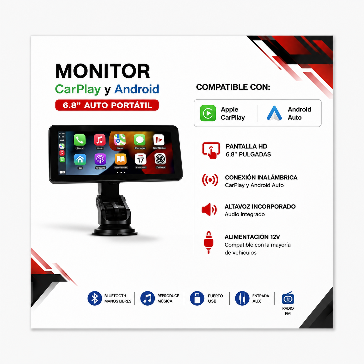 Monitor 6.86 carplay y android Auto Portatil