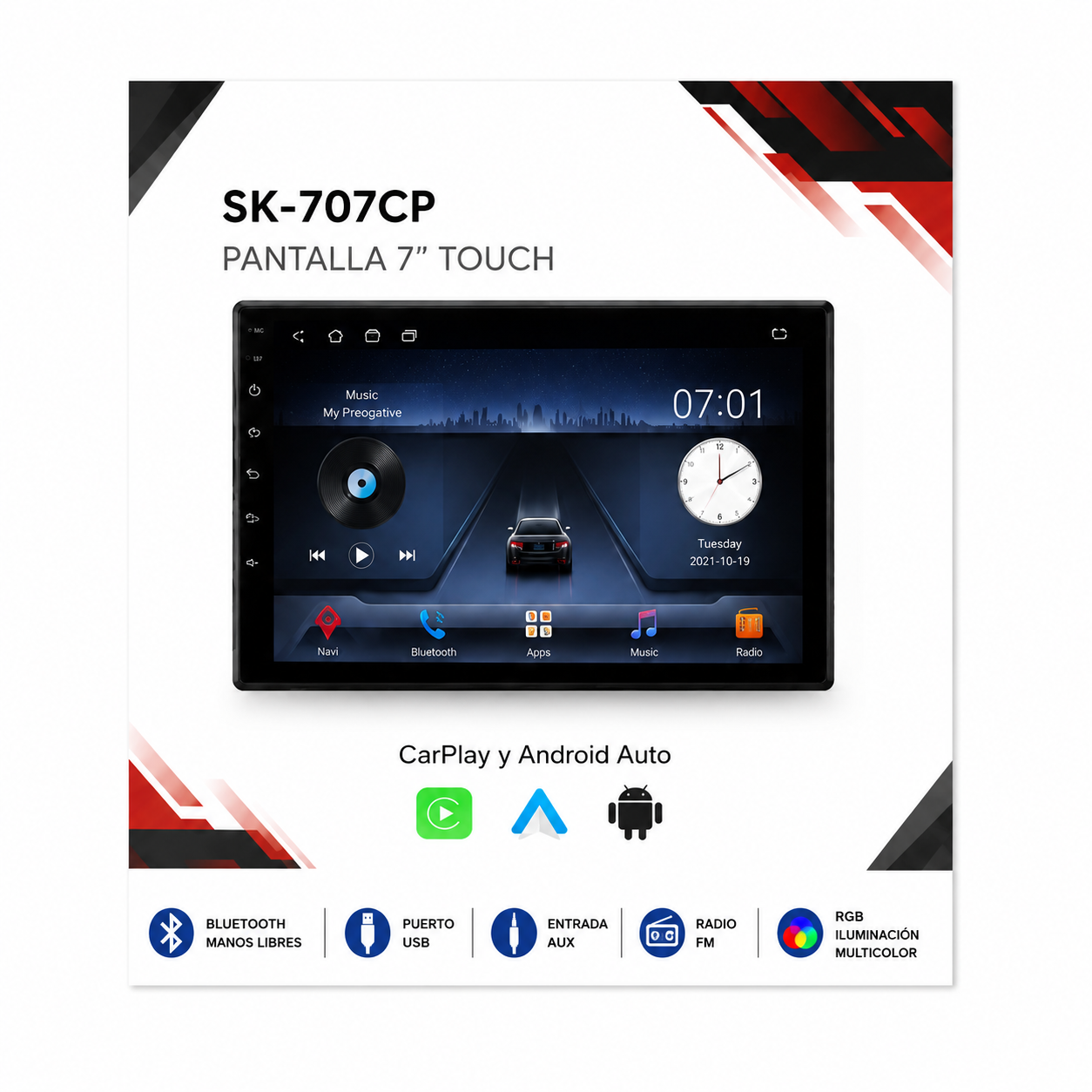 Radio Auto  Sk-707cp Pantalla Touch Android Carplay 7
