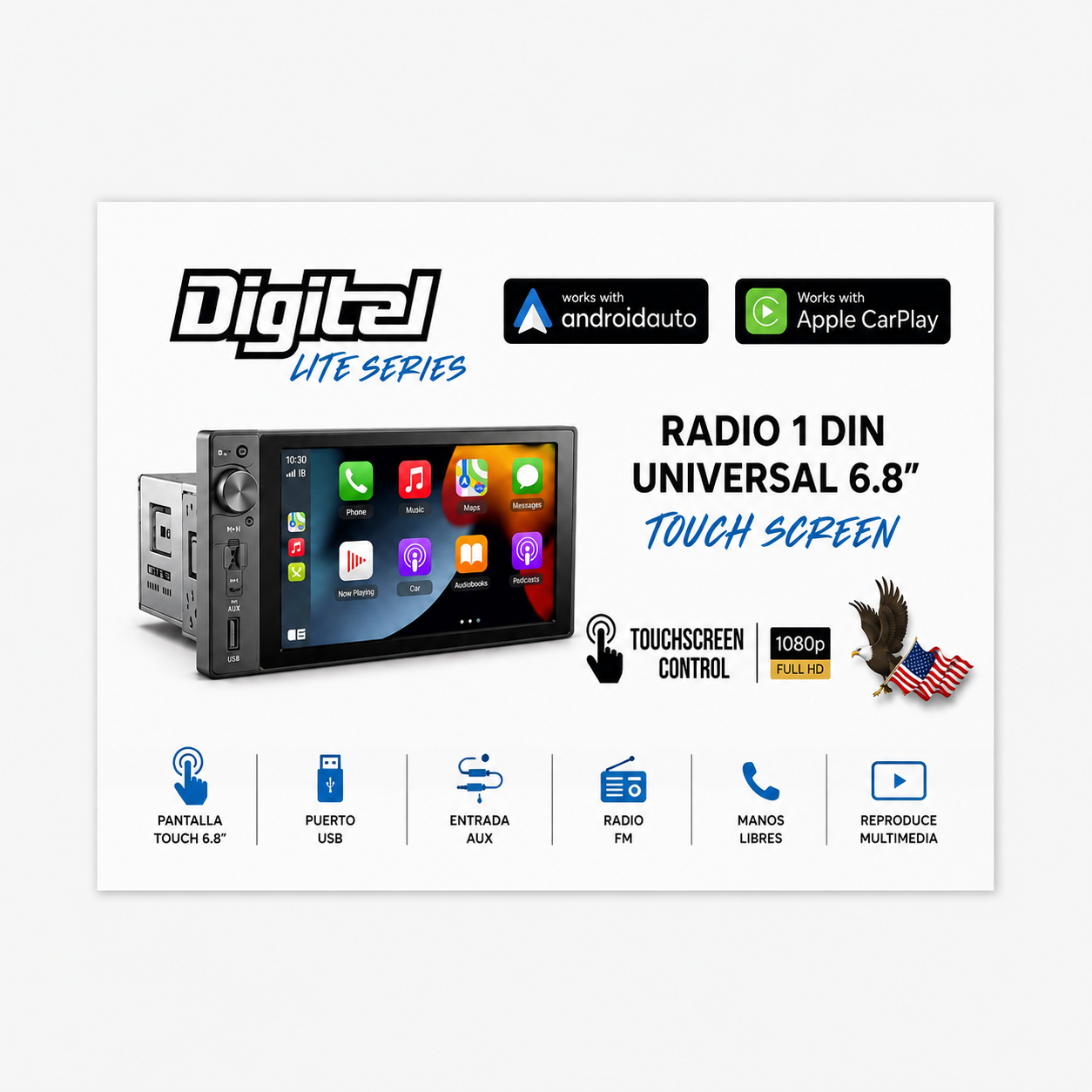 Radio Digitel 1 Din 6.86" Universal - Carplay y Android Auto Inalambrico